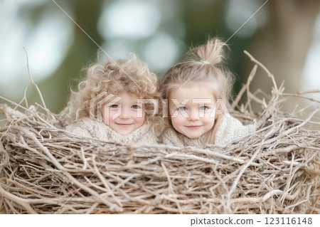Children in a bird's nest, feeling safe and secure 123116148