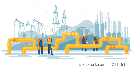 Oil gas workers. Petroleum pipeline engineers. Pipelines and pumps.  123116303