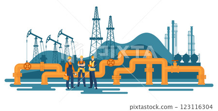 Oil gas workers. Petroleum pipeline engineers. Pipelines and pumps.  123116304