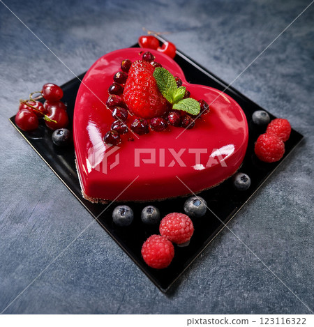 Heart Shaped Dessert with Berries and Jelly 123116322