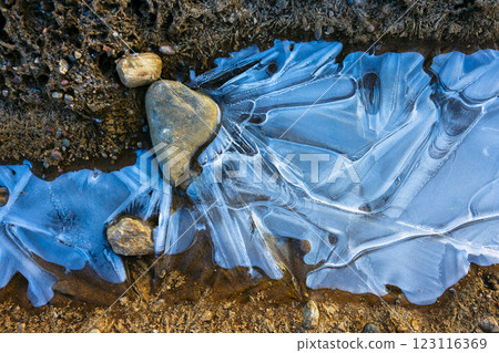 Frozen water on the ground, pattern of ice Frozen water on the ground, pattern of ice 123116369