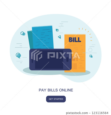 Mobile payment concept. Pay bills on line. Using a mobile phone to bank and shop on line. Flat vector illustration Mobile payment concept. Pay bills on line. Using a mobile phone to bank and shop on line. Flat vector illustration 123116564
