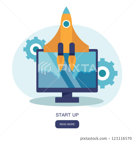 Start up business concept for mobile app development or other disruptive digital business ideas. Cartoon rocket launching from smart phone tablet. Flat vector illustration 123116570