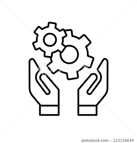 Manage outline concept icon. Hand holding gear like optimize system icon. linear trend modern simple digital perform logotype graphic stroke design web element isolated on white. concept 123116634