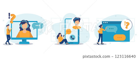 Customer support illustration collection. Characters using online helpdesk platform. People asking a questions and receiving answers from helpdesk or call center operator. Vector illustration. Customer support illustration collection. Characters using online helpdesk platform. People asking a questions and receiving answers from helpdesk or call center operator. Vector illustration. 123116640