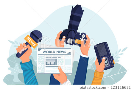 Journalism. Camera and photos. Mass media, television, interview, breaking news, press conference concept. Flat vector Journalism. Camera and photos. Mass media, television, interview, breaking news, press conference concept. Flat vector 123116651