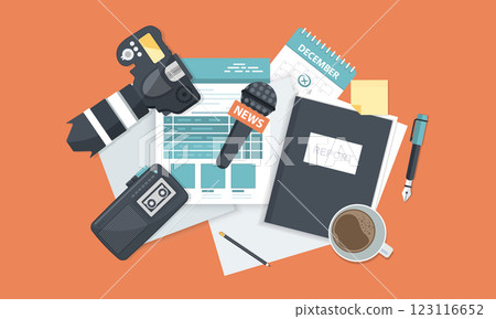 Journalism. Camera and photos. Mass media, television, interview, breaking news, press conference concept. Flat vector Journalism. Camera and photos. Mass media, television, interview, breaking news, press conference concept. Flat vector 123116652