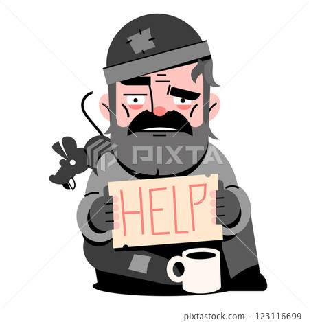 Cartoon unfortunate poor stickman wanders dejectedly, carrying a sign asking for help. Vector illustration of a hungry homeless and unemployed 123116699