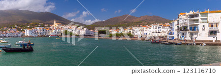 Cadaques Bay with boats and Church of Santa Maria, Catalonia, Spain 123116710