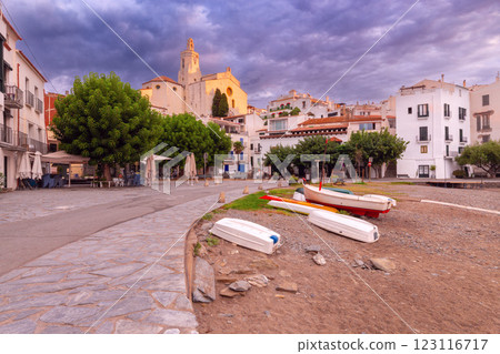 Dawn at Cadaques Waterfront with Church of Santa Maria, Catalonia, Spain Dawn at Cadaques Waterfront with Church of Santa Maria, Catalonia, Spain 123116717