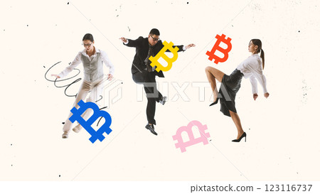 Modern artwork. Business professionals dynamically engaging with floating coin symbols, representing volatility and innovation in digital finance. 123116737