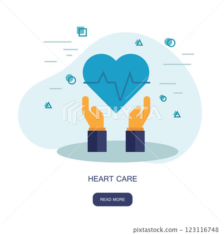 Heart care concept. Cardio vascular. Hands holding a red heart. Flat Medical Icon. Vector illustration. 123116748