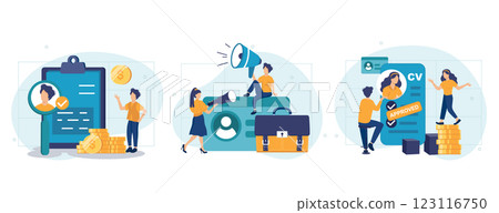 Hiring people concept, collection of scenes. Pr managers searching potential job candidates and analyzing CV. Character applying for work position. Job recruitment process concept. Vector illustration Hiring people concept, collection of scenes. Pr managers searching potential job candidates and analyzing CV. Character applying for work position. Job recruitment process concept. Vector illustration 123116750