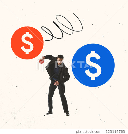 Conceptual art collage. Financial Balance. Business strategist throwing financial decision between red and blue currency symbols in dynamic motion. Conceptual art collage. Financial Balance. Business strategist throwing financial decision between red and blue currency symbols in dynamic motion. 123116763