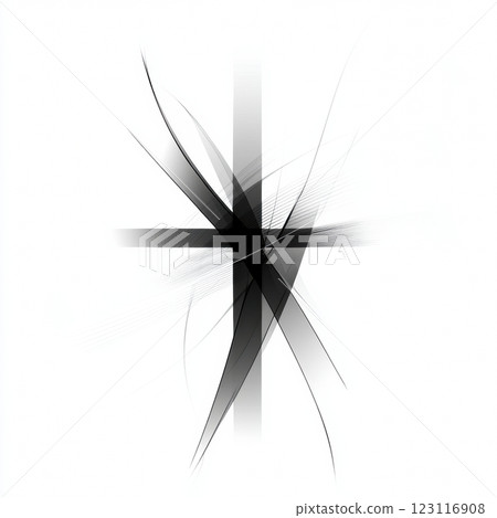 An artistic composition features dynamic intersecting lines and shapes, forming a captivating abstract design in black and white. 123116908
