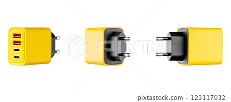 set adapter for charger with USB and Type C connector, yellow, on isolated or white background 123117032