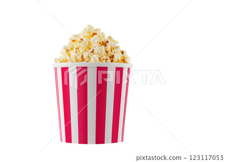 Delicious popcorn, classic box, classic paper cup with red stripe, isolated on white background Delicious popcorn, classic box, classic paper cup with red stripe, isolated on white background 123117053