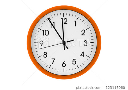 Orange watch, wall clock 11 hours 45 minutes on isolated or white background Orange watch, wall clock 11 hours 45 minutes on isolated or white background 123117060