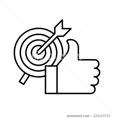 Well done outline concept vector icon. Thumb up and target line icon, vector pictogram of approve. Best choice illustration, sign for vote. Business success. Well done outline concept vector icon. Thumb up and target line icon, vector pictogram of approve. Best choice illustration, sign for vote. Business success. 123117172