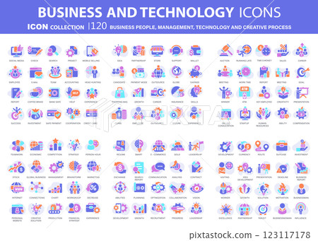 Business people, management and technology icons set. Businessman icons collection. Teamwork, human resources, meeting, partnership, work group, success, resume, creative process 123117178