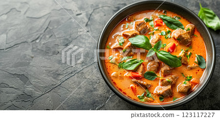 Top view of delicious bowl of spicy Thai curry with tender meat and fresh herbs on gray background with copy space 123117227