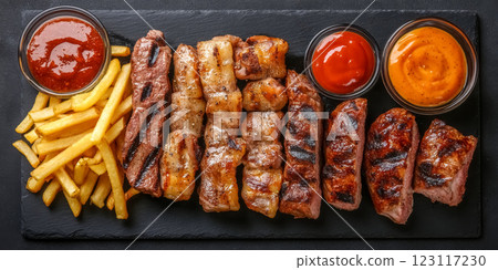 Top view of delicious platter of grilled meats accompanied by fries and sauces in rustic setting 123117230