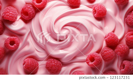 Overhead of swirling raspberry cream with fresh fruit creates delightful dessert experience 123117231