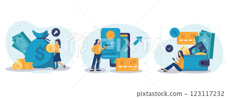 Financial illustration set. Characters saving money in cash, credit card or in savings bank accounts. Personal finance management and savings concept. Vector illustration. 123117232