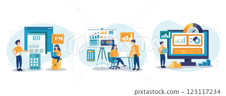Financial data analysis illustration set. Advisor with client analyzing financial report and calculating tax report. Data and finance management concept. Vector illustration. Financial data analysis illustration set. Advisor with client analyzing financial report and calculating tax report. Data and finance management concept. Vector illustration. 123117234
