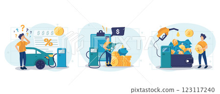 A set of scenes for web apps for save of money and fuel economy. People on gas station filling up petrol into cars and spends too much money on gasoline. Vector illustrations. 123117240