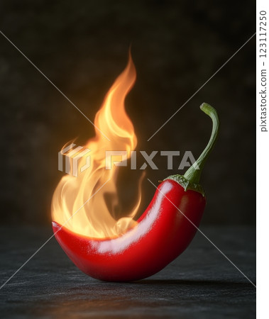 Bright red chili pepper with flames emitting from inside creates striking visual on dark background 123117250