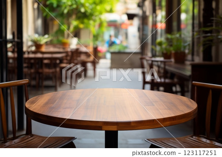 Rustic outdoor cafe setting with wooden table and empty chairs in vibrant urban environment 123117251