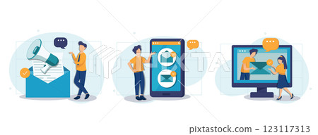 E-mail marketing and promotion illustration set. Characters sending advertising mails and promotional offers with sales and discounts. Ecommerce business concept. Vector illustration. 123117313