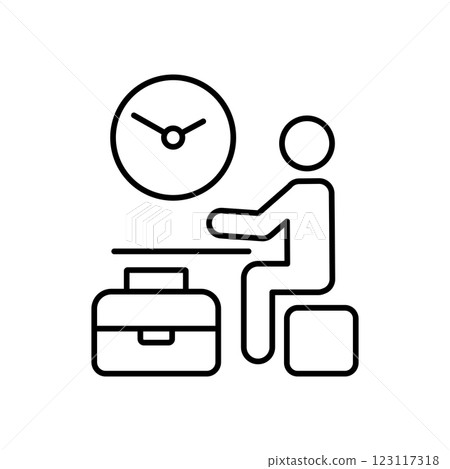 Employee concept outline icon, male figure sitting at desk with working bag and clock. Editable stroke 123117318
