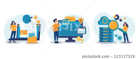 Enterprise strategy development abstract concept vector illustration set. Business Intelligence and business rule, big data analytics, application software, data management abstract metaphor. 123117319