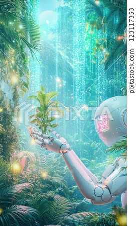 Robot nurtures a small plant in a vibrant, futuristic jungle filled with ethereal light and lush vegetation 123117353
