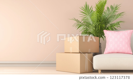 Moving to new home concept with cardboard boxes, green plant, and cozy pink pillow in minimalist living room 123117378