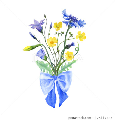 Bouquet of wild flowers: cornflowers, forget-me-nots, camomiles, buttercups and daffodils with blue bow. Hand drawn isolated watercolor illustrations on white background. invitations, cards, design 123117427
