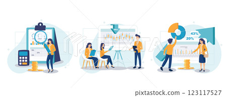 Master of Science in finance isolated cartoon vector illustrations set. Group of diverse people making business plan together, budget planning, study investment banking, management vector cartoon. 123117527