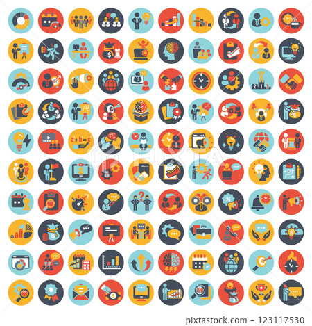Business and management icon set. Icons for leadership, teamwork, job and work, statistics, analytics and advertising. Flat vector illustration. Blue icon for business collection Business and management icon set. Icons for leadership, teamwork, job and work, statistics, analytics and advertising. Flat vector illustration. Blue icon for business collection 123117530