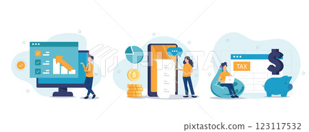 Various Finance Icons. Characters Calculating Long Bill or Invoice Online, Filling Tax From, Analyzing Financial Data. Income Management Concept. Flat Cartoon Vector Illustration. Various Finance Icons. Characters Calculating Long Bill or Invoice Online, Filling Tax From, Analyzing Financial Data. Income Management Concept. Flat Cartoon Vector Illustration. 123117532
