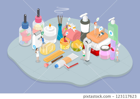 3D Isometric Flat Vector Illustration of Spa Hygiene Procedures, Accessorizes for Bath, Shower and Health Care 123117623