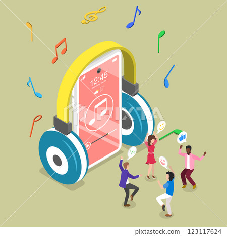 3D Isometric Flat Vector Illustration of Music Phone App, Feeling the Melody 123117624