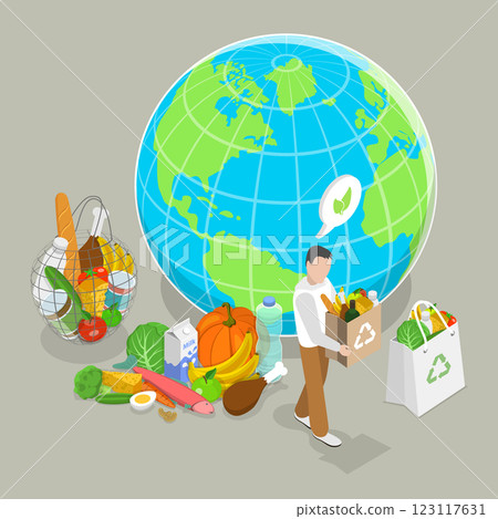3D Isometric Flat Vector Illustration of Eco Friendly Shopping, Promoting Environmental Sustainability 3D Isometric Flat Vector Illustration of Eco Friendly Shopping, Promoting Environmental Sustainability 123117631