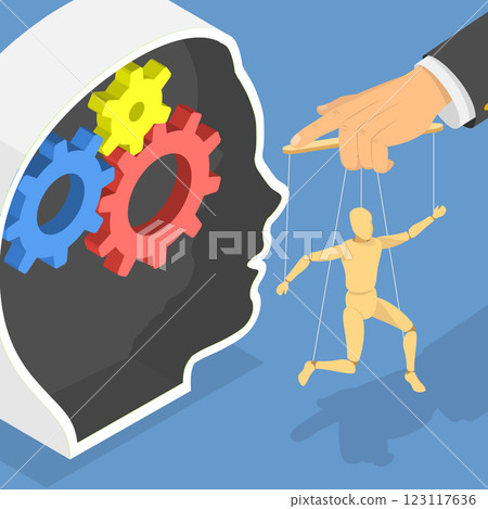 3D Isometric Flat Vector Illustration of Manipulator , Puppet Master Control Over Mans Mind Using Mental Manipulation Ropes 123117636