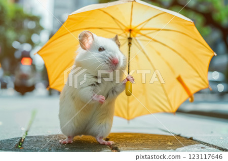 Small white mouse stands under an umbrella on city sidewalk during a sunny afternoon 123117646