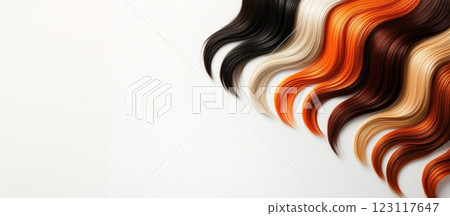 Different colors of synthetic hair extensions arranged on white background for hairstyling 123117647