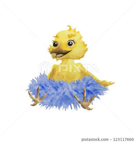 Cute yellow baby chicken clipart. Chick is sitting in a blue fluffy skirt. Hand drawn watercolor illustration, isolated on a white background. Perfect for easter design decoration and children design 123117660