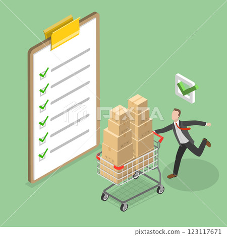 3D Isometric Flat Vector Illustration of Shopping Online, a Cart with Purchases 123117671