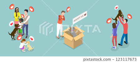3D Isometric Flat Vector Illustration of Pet Adoption, Charity, Generosity and Kindness 3D Isometric Flat Vector Illustration of Pet Adoption, Charity, Generosity and Kindness 123117673